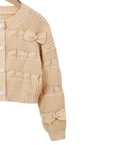 Customized Women Beige Cable Knit Cropped <b>Cardigan</b> Sweater With Bow Detail <b>Long</b> Sleeve Button Front Cute Winter Fashion Top - Product Image 2