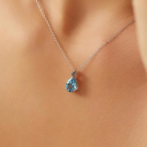 Collier pendentif en topaze bleue taille poire et saphir, chaîne réglable 7x10mm pour femme, argent sterling 925, pierre de naissance de septembre, Accord - Product Image 3