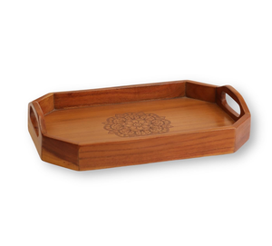 Plateau de service en bois d'acacia naturel avec gravure de mandala complexe pour salle à manger, salon ou bureau d'Inde - Product Image 1