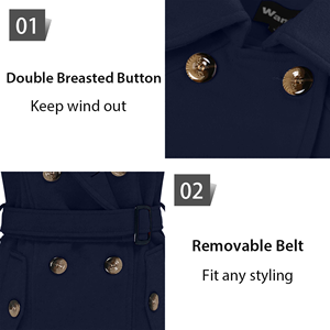 Manteau long élégant pour femme en mélange de laine couleur unie avec bordure en fourrure, 100 % duvet, chaud, pour l'hiver - Product Image 5