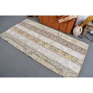 Tapis turc vintage, tapis de 3,5 x 6,8 pieds, tapis en laine blanc et brun à bordures - Product Image 3