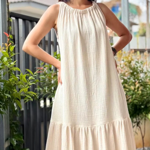 Sin mangas cuello Halter dulce ecológico lavable algodón gasa escalonado verano Maxi vestido relajado ajuste A-Line silueta hecha - Product Image 1