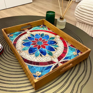 Plateau de service en bois au design floral en émail de haute qualité de luxe Beau plateau de service au design imprimé en émail par FWE - Product Image 1