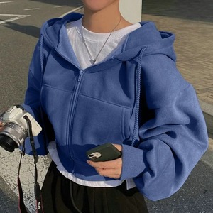 Sweat-shirt à capuche en molleton 100% coton bleu marine chaud à fermeture éclair, nouvelle collection printemps-automne 2025 pour femmes - Product Image 3