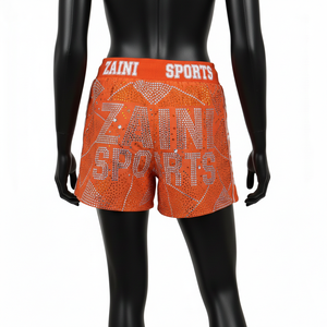 Pantalones Cortos de Natación de Lujo de Nailon 180GSM con Pedrería Naranja Hotfix, Cintura Jacquard Personalizada y Paneles Laterales con Rayas - Product Image 2