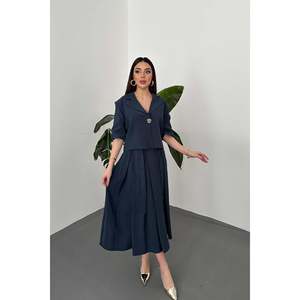 Navy Blue Single-Button Short Jacket and Skirt <b>Set</b> - Navy Blue - Product Image 1