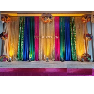 Grand Sangeet Night Stage colorido telón de fondo cortinas boda musulmana diseño de pavo real telón de fondo boda paquistaní bordado telón de fondo - Product Image 1