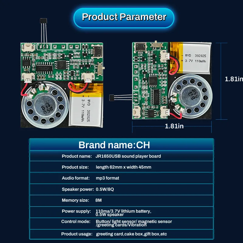 Reprodutor de música MP3 com som USB recarregável programável 8M com módulo de voz Mini cartão de felicitações com sensor de luz e chip de som