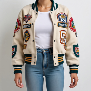 Femmes Crop Laine Varsity Vestes Couleur Unie Collège Laine Veste Dames Automne Hiver Imprimer Broderie Courte Varsity Vestes - Product Image 1