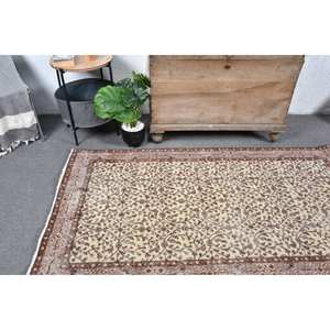 Classic Beige <b>Brown</b> Handmade <b>Wool</b> Turkish Rug 3.7 X 6.7 ft Rectangular Eco-Friendly Patchwork Design for Hallway Entryway Living - Product Image 2