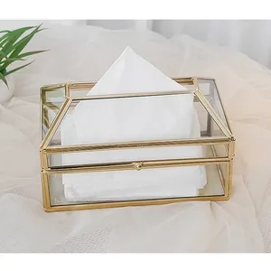 유럽 디자인 티슈 박스 금속 및 유리 보석 상자 사각형 모양 냅킨 커버 황동 테두리 골드 투명 유리
