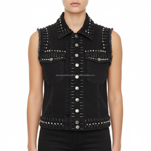 Chemise en jean noire sans manches pour homme, coupe slim, effet vieilli, bords bruts, style décontracté, avec double poches, personnalisable OEM - Product Image 3