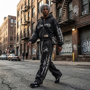 <b>Black</b> Graphic Zip Up Hoodie Sweatpants Tracksuit Set Streetwear Two Piece <b>Jogger</b> Outfit Wholesale OEM Manufacturer - Product Image 2
