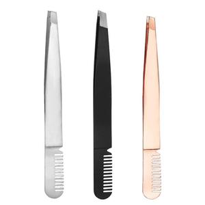 High Quality Slanted Tip Stainless Steel Eyebrow Tweezers with Comb Eyelash <b>Extension</b> & <b>Nail</b> Picker Functions - Product Image 1