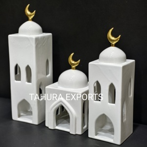 Luminous Gracefully Curved Handmade Ceramic Ramadan <b>Lantern</b> <b>Tealight</b> Holder Decorative Festive Home Decor Charm With Crescent - Product Image 1