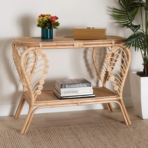 Table Console ovale en rotin de style moderne personnalisable fait à la main étagère décorative en rotin tissé conception en spirale meubles de salon - Product Image 6