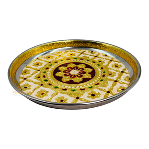 Meenakari Pooja Thali สแตนเลสสตีลชุบเงินทันสมัยพร้อมเชื่อมสำหรับตกแต่งงานแต่งงานและให้เป็นของขวัญ - Product Image 4