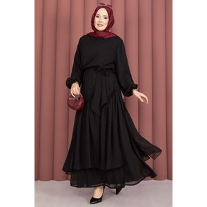 Robe en mousseline de soie noire à volants asymétriques, coupe trapèze, taille naturelle - Product Image 4