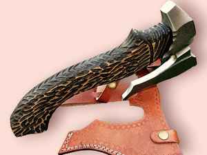 Hache à pizza personnalisée en acier à haute teneur en carbone avec manche en bois de frêne et gaine en cuir fin Haches faites à la main Hache de cuisine Hache à viande - Product Image 6