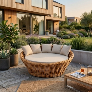 Natural Chunky Rattan Round Outdoor <b>Daybed</b> Cream Round <b>Mattress</b> Pillow Accent Patio Sunbed Setup Decor Pure Art Room Design - Product Image 4