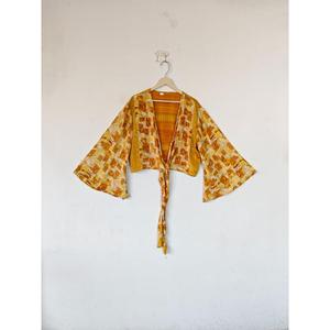 Ropa de fiesta de verano Top corto floral estampado estilo Vintage corbata Top Casual seda abrigo más tendencia Top corto de mujer con manga de campana - Product Image 3