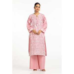 Chemise décontractée brodée en tissu respirant rose pour femmes et pantalon large à taille haute - Product Image 1