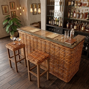 Wholesale Natural Grey Rattan Wicker Wood <b>Bar</b> Counter <b>Table</b> Tempered Glass Top Traditional Design for Commercial Hotel - Product Image 4