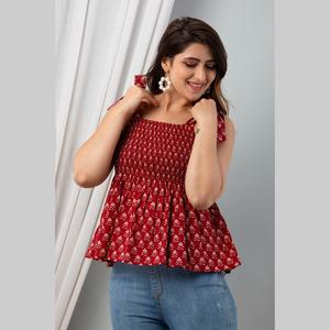 Casual Cotton Poplin Sleeveless <b>Top</b> with Floral Print <b>Maroon</b> Smocked <b>Top</b> - Product Image 4