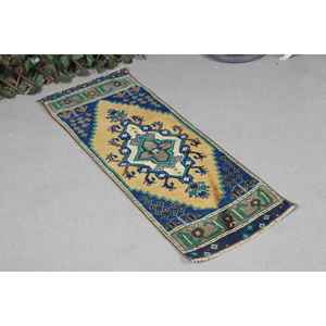 Alfombra Turca de 1.4x3.6 pies, Alfombra Pequeña Vintage, Alfombra Persa Azul y Amarilla - Product Image 2