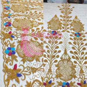 Tela de organza con cuentas doradas con lentejuelas Bordado neto Encaje Cordones Telas Bordado con cuentas Encaje L - Product Image 2