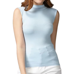 Camiseta de cuello alto elegante de verano para mujer personalizada al mejor precio asequible, ropa informal cómoda ajustada sin mangas para mujer - Product Image 1