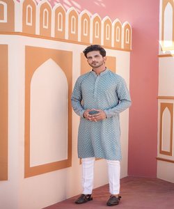 Conjunto de pijama Pathani Kurta para hombre con cuello, botón en el cuello y cadena en tela de algodón Khadi - Product Image 2