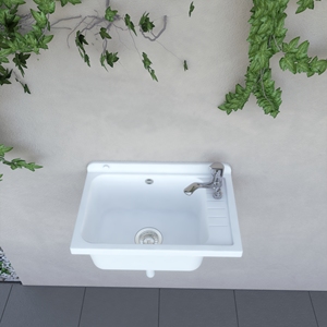 Lavello da Cucina a Parete con Rubinetto, Vasca Singola Quadrata in Porcellana, Valvola in Ottone, Acciaio Inossidabile SUS304, 58x38 cm - Product Image 3