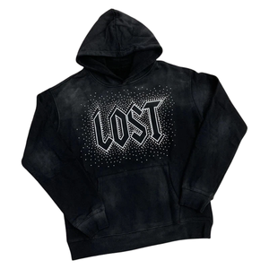 Sweat à capuche noir LOST avec strass, streetwear tendance, graphique élégant, coton chaud, décontracté, automne, pull de créateur, mode masculine - Product Image 1