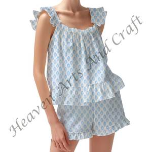 Conjunto de pijama de pantalones cortos Co-Ords primavera y otoño nuevas mujeres impresas Primavera/Verano Floral ajustado con tiras y volantes mangas PJ conjunto - Product Image 4