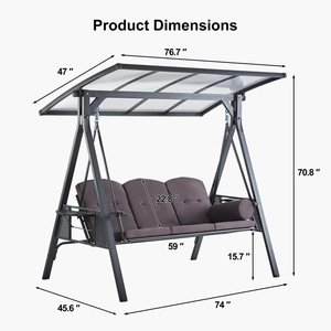 Columpio de porche de 3 plazas estilo granja moderno con dosel de PVC ajustable soporte de madera cojines almohadas para patio espacios al aire libre - Product Image 2