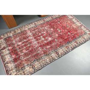 Alfombra de área de lana turca Vintage 3,7X6,7 pies rojo blanco estilo clásico diseño de retazos tejido plano decoraciones para sala de estar látex - Product Image 2