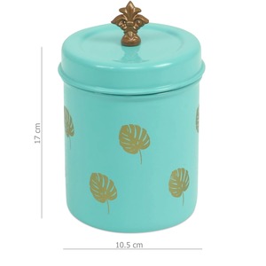 Aqua Monstera Leaf Print <b>Storage</b> Jar Modern Tropical Cylindrical <b>Container</b> with Decorative Knob - Product Image 1