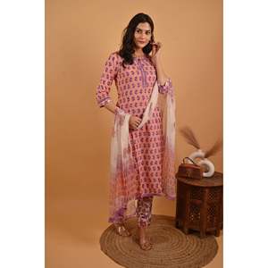 Pink Ladies Traditional Indian <b>Block</b> <b>Printed</b> Cotton Kurta Pant Set Embroidery for Daily Wear Party Wear Ethnic Georgette - Product Image 4