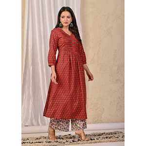 Conjunto de Kurta y Pantalón de Algodón Rojo con Estampado Étnico Indio y Bordado en Tela de Red para Niñas, Ideal para Fiestas - Product Image 5