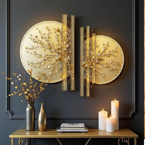 แผ่นผนังลายซันเบิร์สต์สีทองสุดหรู พร้อมลายกิ่งไม้ดอกไม้ประณีต มีจำหน่ายในราคาขายส่ง - Product Image 1