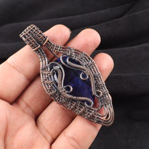 Faceted Blue Sapphire Luxury Pear Cut Gemstone Copper Wire <b>Wrapped</b> Fashion Pendant Necklace Oxidized Silver <b>Bridal</b> Party Wear - Product Image 3