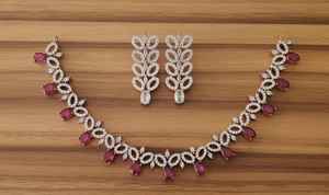 Roselia ruby <b>crystal</b> leaf <b>necklace</b> & earrings set Designed with ruby-pink oval <b>crystals</b> arranged along the <b>necklace</b> - Product Image 3