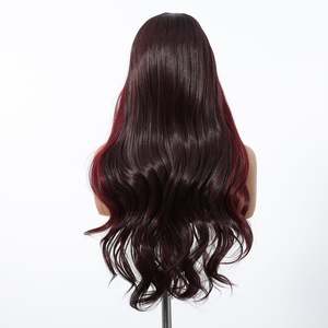 Perruque synthétique naturelle DWY avec longue vague bordeaux foncé, noire naturelle, tissée à la main, raie au milieu, dentelle transparente sur le devant - Product Image 4