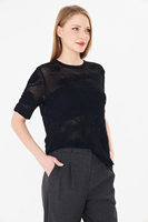 Blusa de punto con encaje y estampado de rosas para mujer - Top suave de manga corta con cuello redondo y botón trasero - Prenda de punto floral de verano