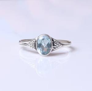 แหวน925สีเงินแท้สีฟ้าบุษราคัมสีฟ้าตัดด้วยเพชรกรอบการตั้งค่าเครื่องประดับสำหรับสาวๆปาร์ตี้ - Product Image 1