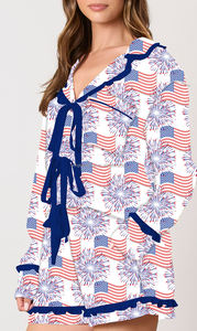 Summer <strong>Patriotic</strong> Fireworks Flag Print Long Sleeve Shirt <strong>Shorts</strong> Pajama Set Women - Product Image 2