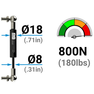 Amortiguador de Gas de Acero Pintado de Negro MotionStruts, Cilindro de 18 mm de Diámetro Exterior, 8 mm de Diámetro Interior, 362 mm de Longitud Extendida, Lado Derecho, Capacidad de Carga de 50N-800N - Product Image 2