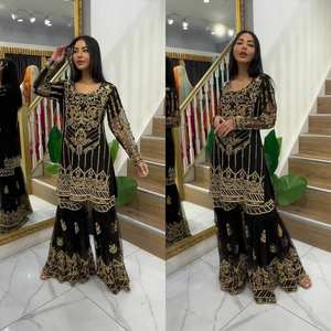 ชุดคุर्ตา ชารารา ปาลาซโซ พร้อมผ้าคลุมไหล่ แบบดั้งเดิมสไตล์บอลลีวูด สำหรับงานปาร์ตี้ ผ้าจอร์เจตต์เทียมเนื้อหนา ราคาสุดคุ้ม - Product Image 1