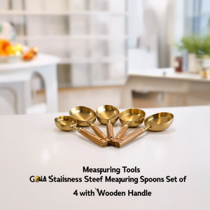 Gold Stainless Steel <b>Measuring</b> <b>Spoons</b> Set of 4 with Wooden Handle - Product Image 3
